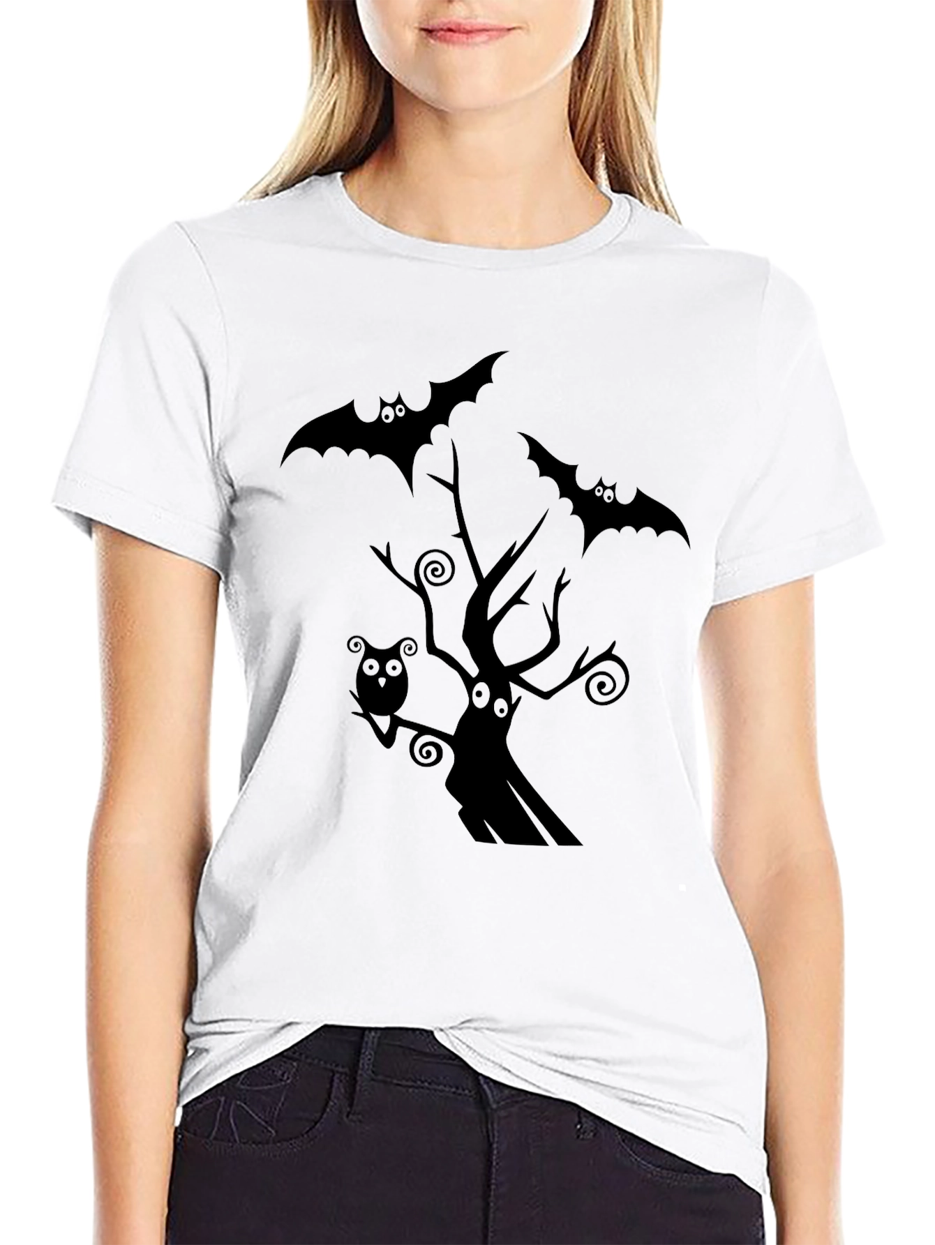 Spooky Halloween Graphic Tee - Bats & Tree