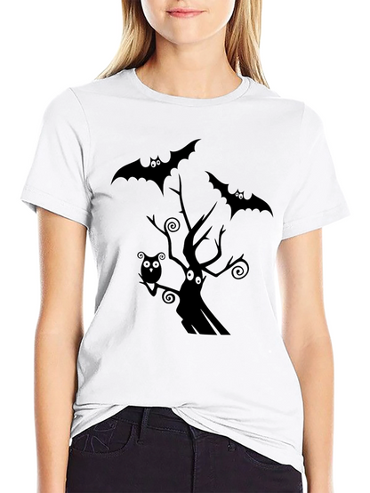 Spooky Halloween Graphic Tee - Bats & Tree