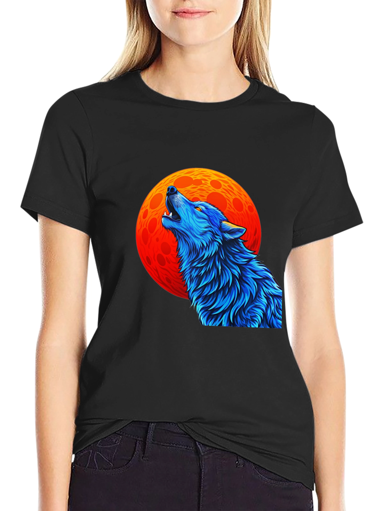Wolf Howling at Moon Graphic Black T-Shirt