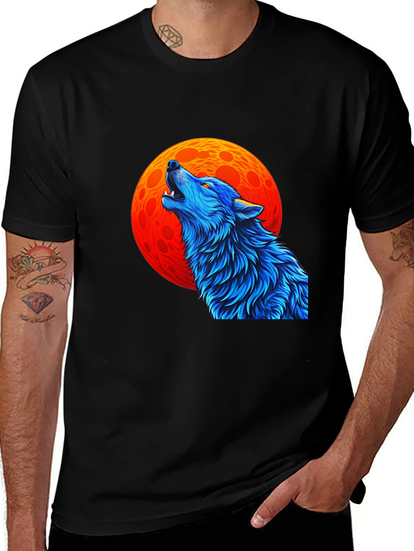 Wolf Howling at Moon Graphic Black T-Shirt