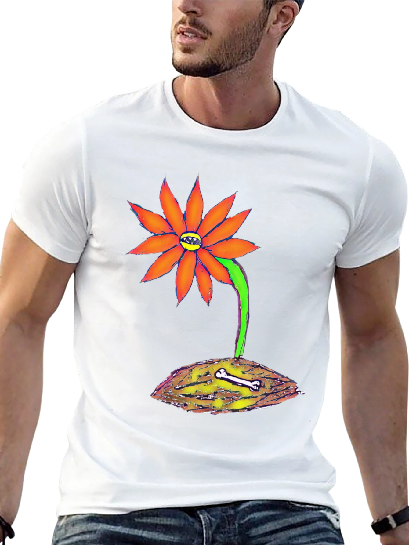 Unique Graphic Tee - Orange Flower with Bone