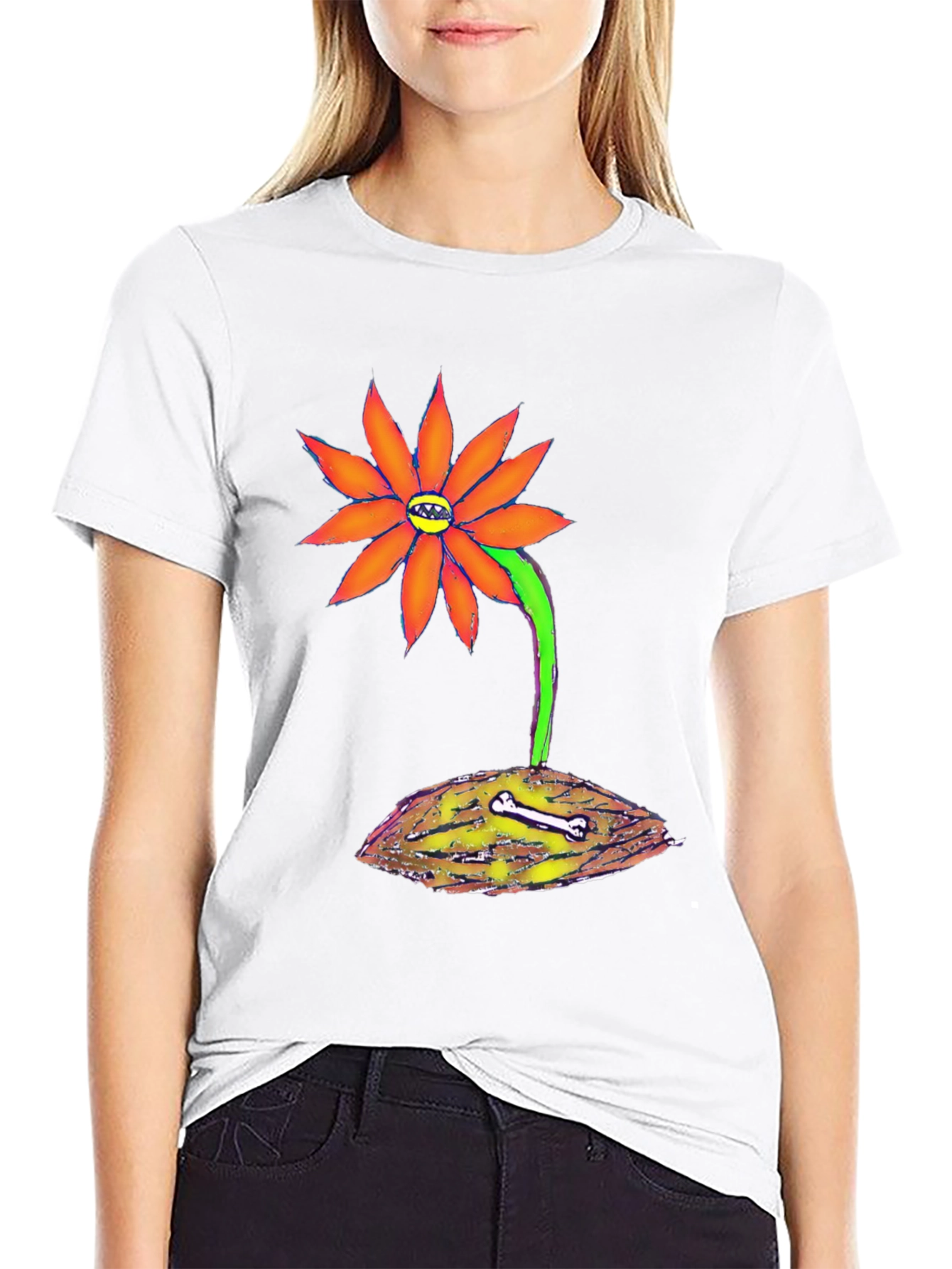 Unique Graphic Tee - Orange Flower with Bone