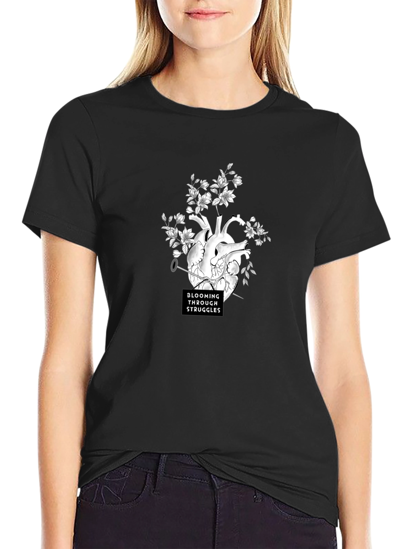 Blooming Through Struggles Graphic Tee - Black