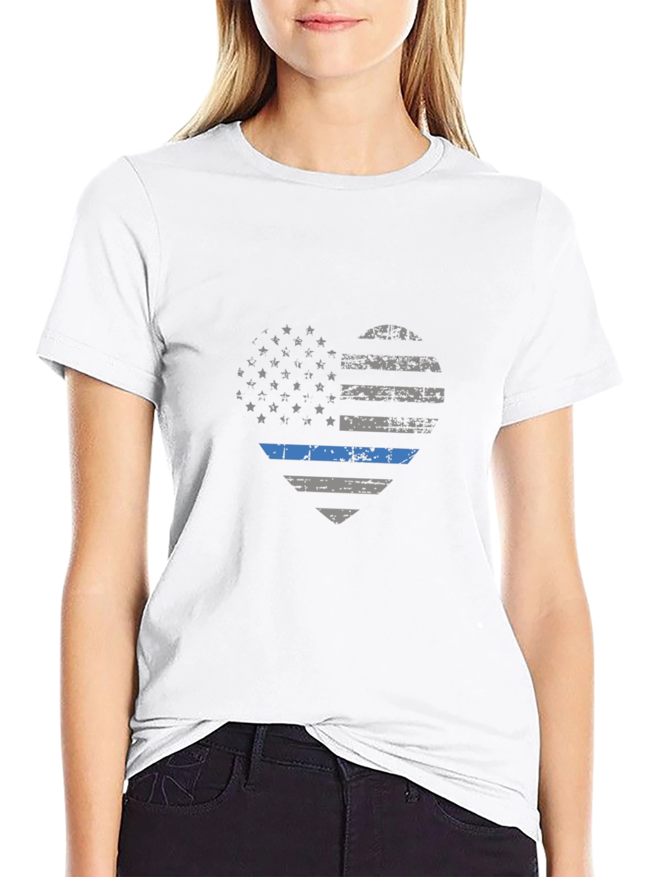 Thin Blue Line American Flag Heart Graphic T-Shirt