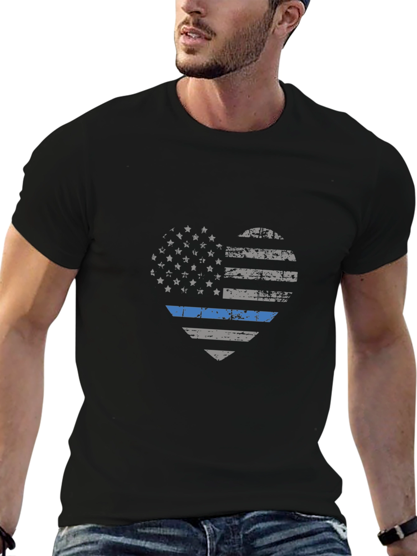 Thin Blue Line American Flag Heart Graphic T-Shirt