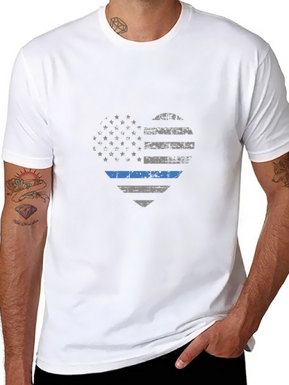 Thin Blue Line American Flag Heart Graphic T-Shirt