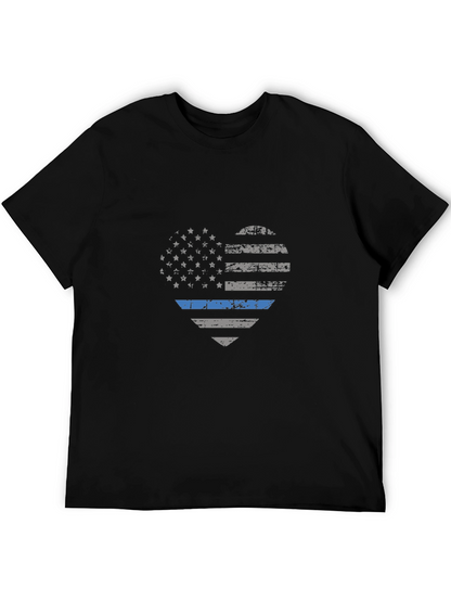 Thin Blue Line American Flag Heart Graphic T-Shirt