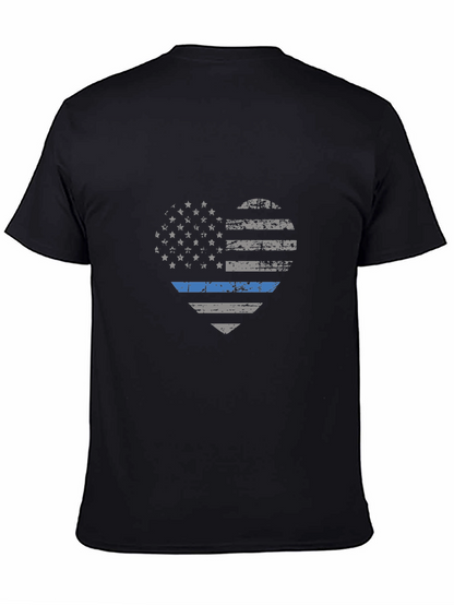 Thin Blue Line American Flag Heart Graphic T-Shirt