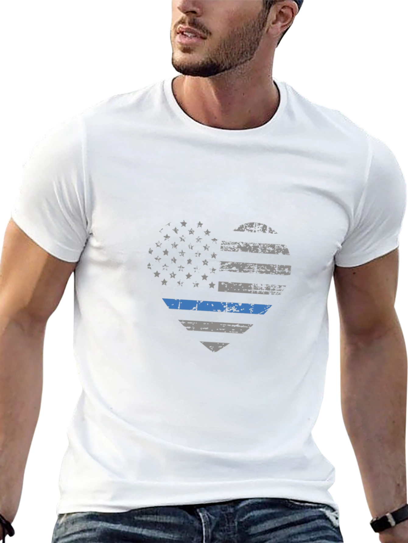 Thin Blue Line American Flag Heart Graphic T-Shirt