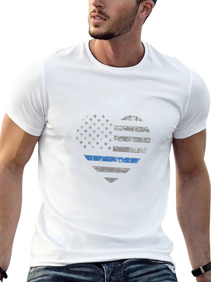 Thin Blue Line American Flag Heart Graphic T-Shirt