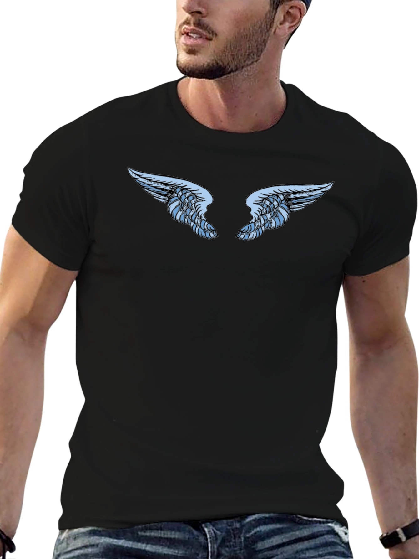 Black T-Shirt with Angel Wings Graphic