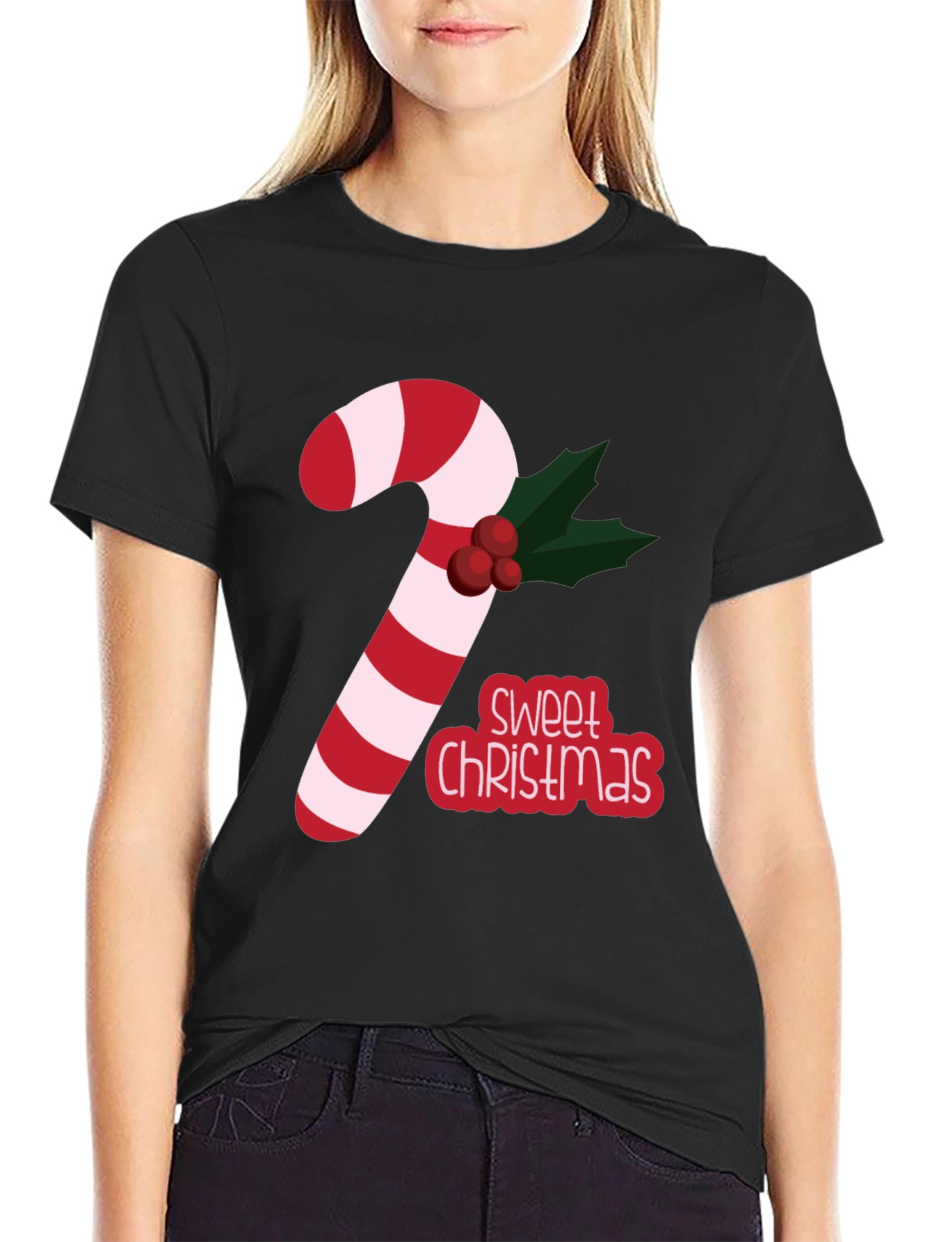 Sweet Christmas Candy Cane Black T-Shirt