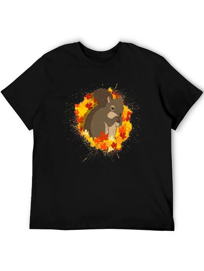 Squirrel Autumn Leaves Black T-Shirt