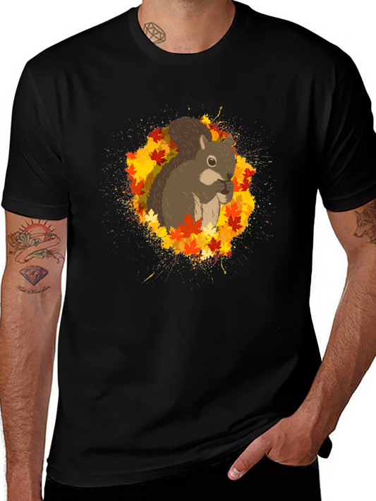 Squirrel Autumn Leaves Black T-Shirt