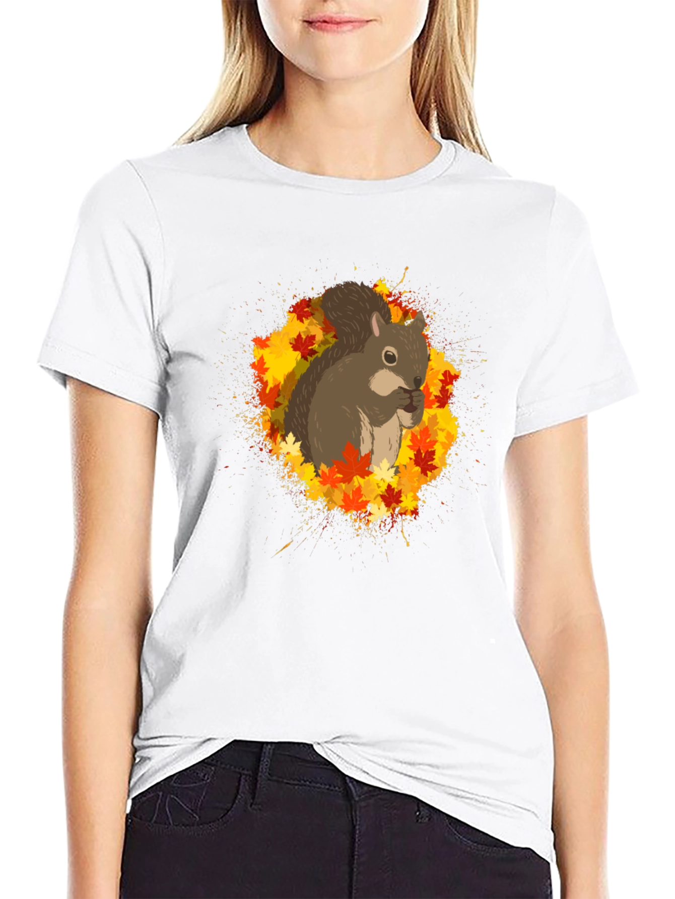 Squirrel Autumn Leaves Black T-Shirt