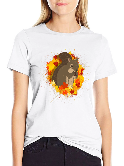Squirrel Autumn Leaves Black T-Shirt