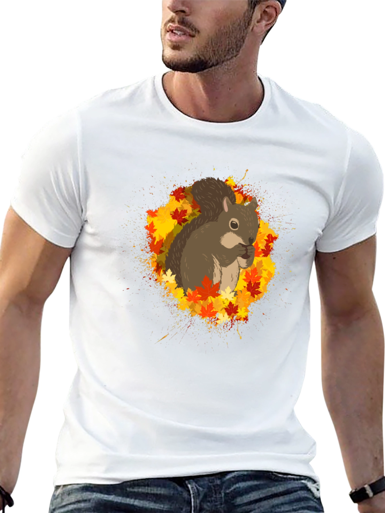 Squirrel Autumn Leaves Black T-Shirt
