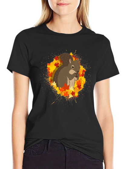 Squirrel Autumn Leaves Black T-Shirt