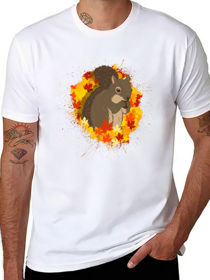Squirrel Autumn Leaves Black T-Shirt