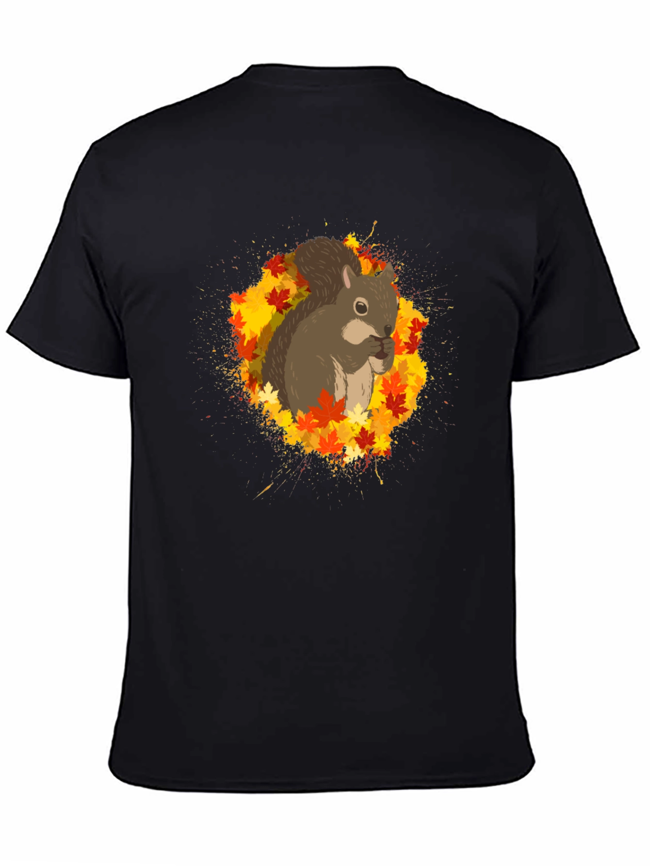 Squirrel Autumn Leaves Black T-Shirt