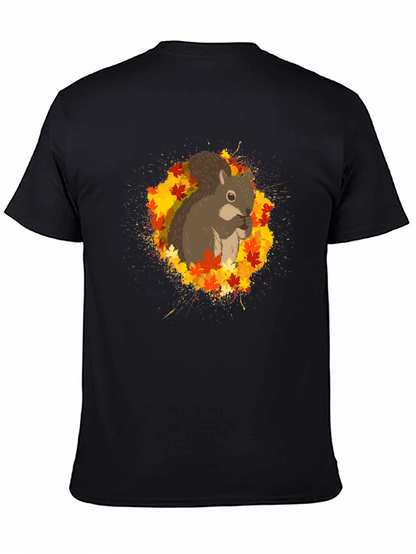 Squirrel Autumn Leaves Black T-Shirt