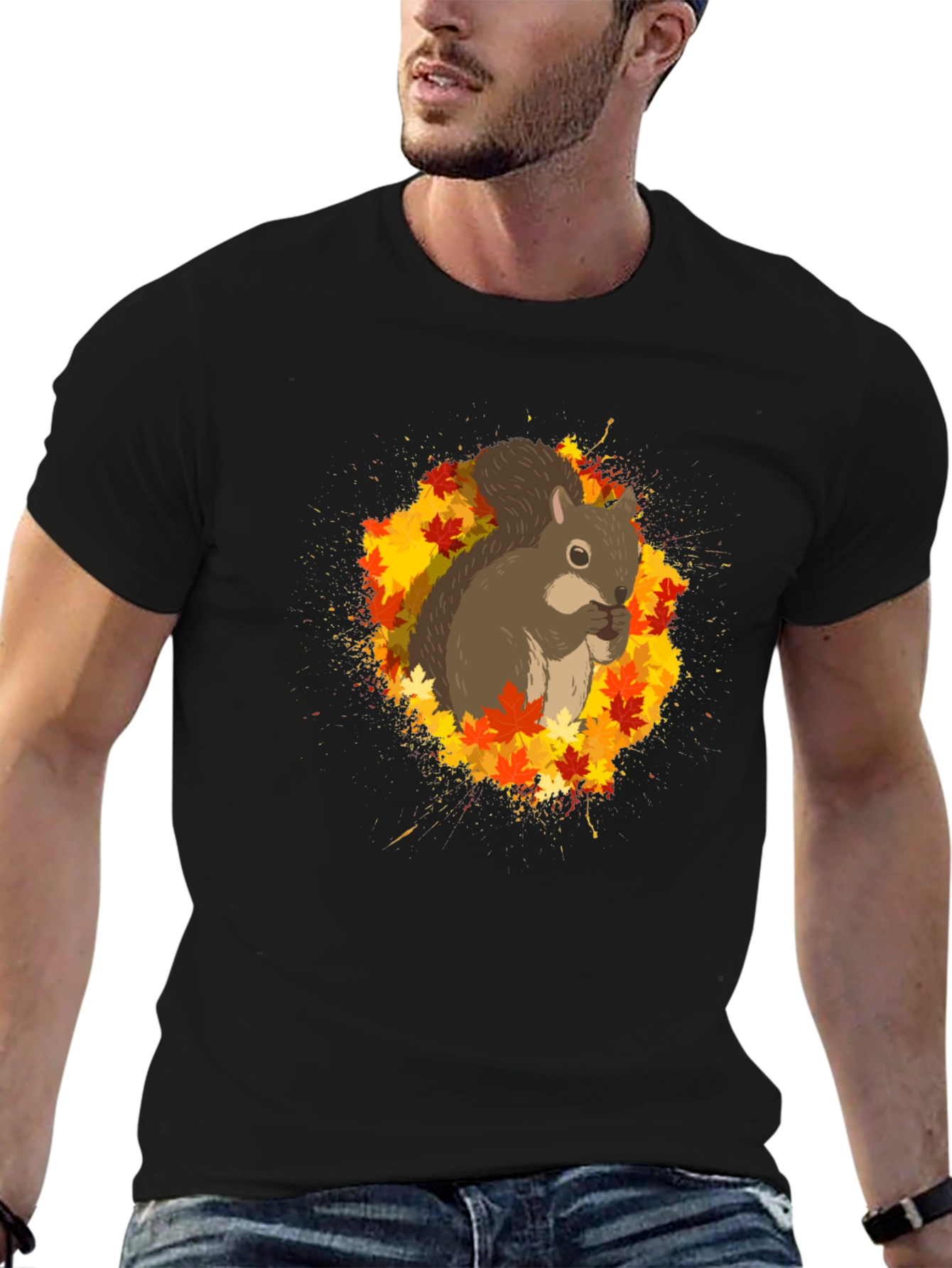 Squirrel Autumn Leaves Black T-Shirt
