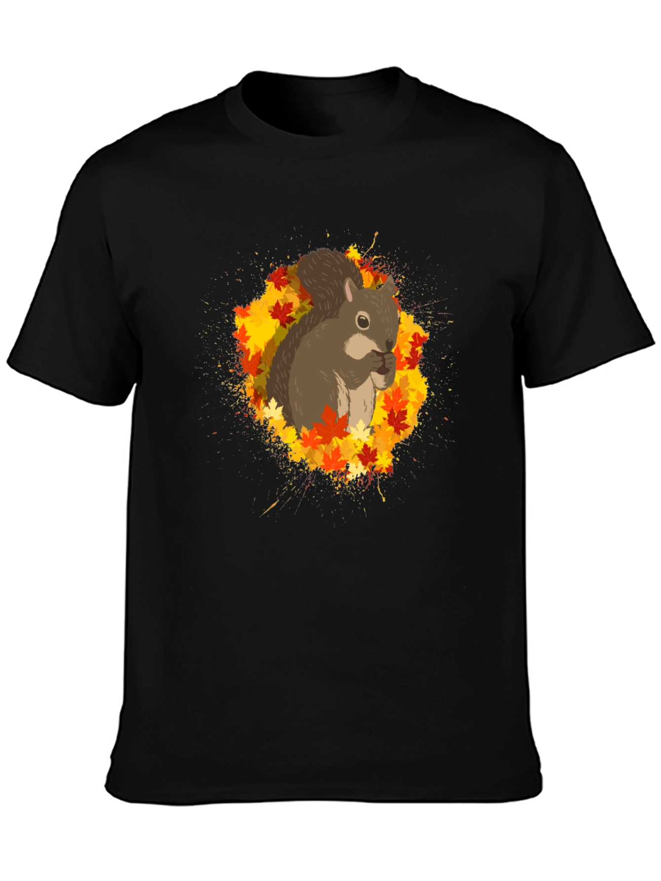 Squirrel Autumn Leaves Black T-Shirt