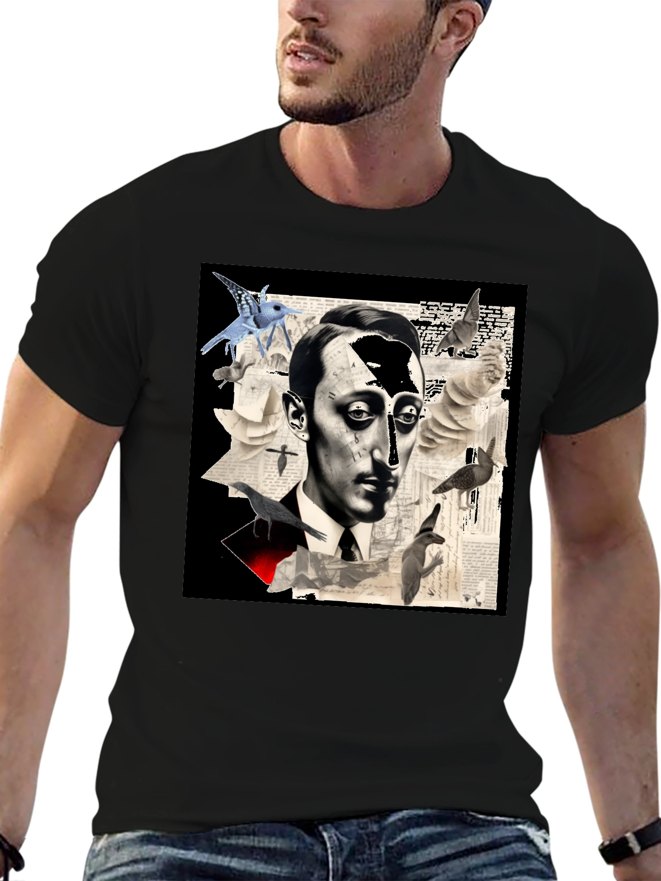 Artistic Mens Graphic Tee: Surreal Portrait
