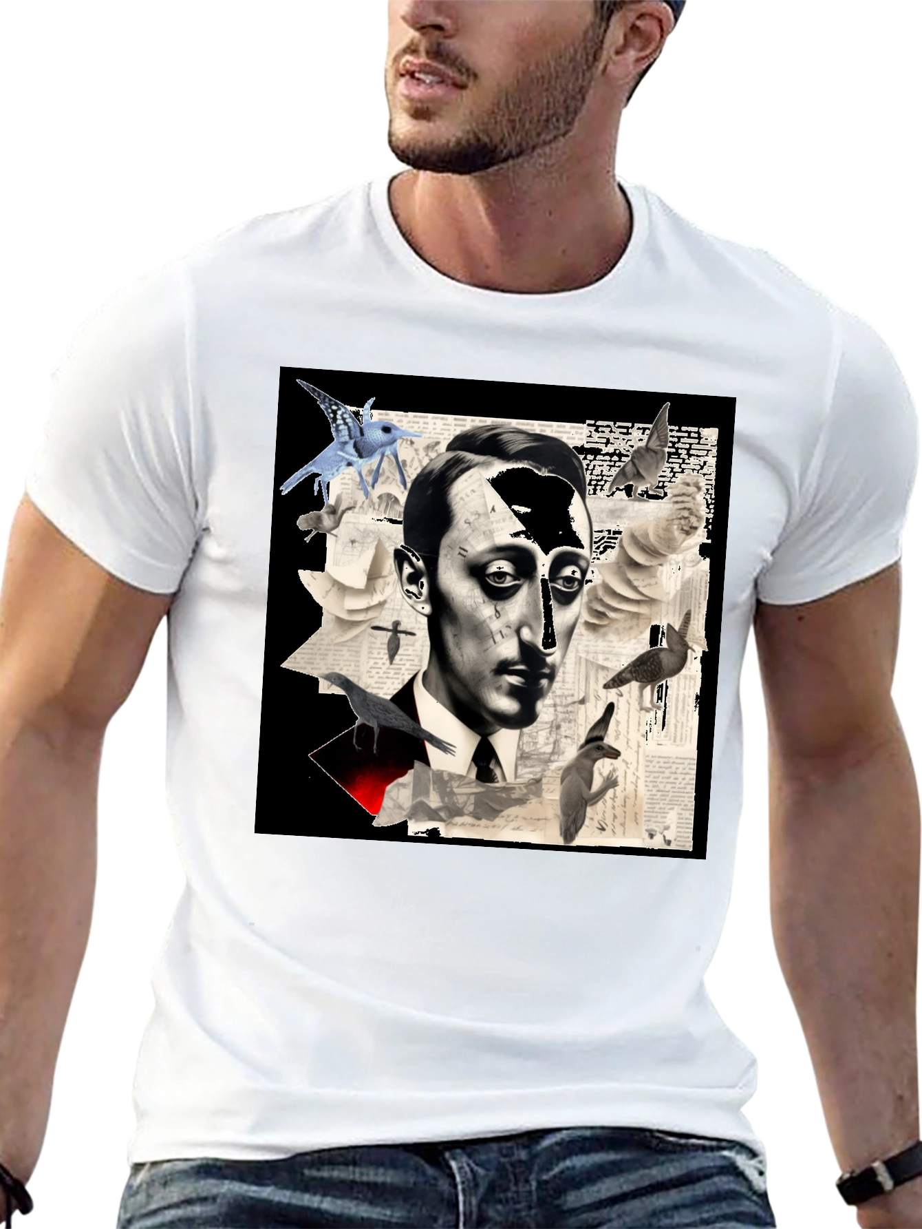 Artistic Mens Graphic Tee: Surreal Portrait