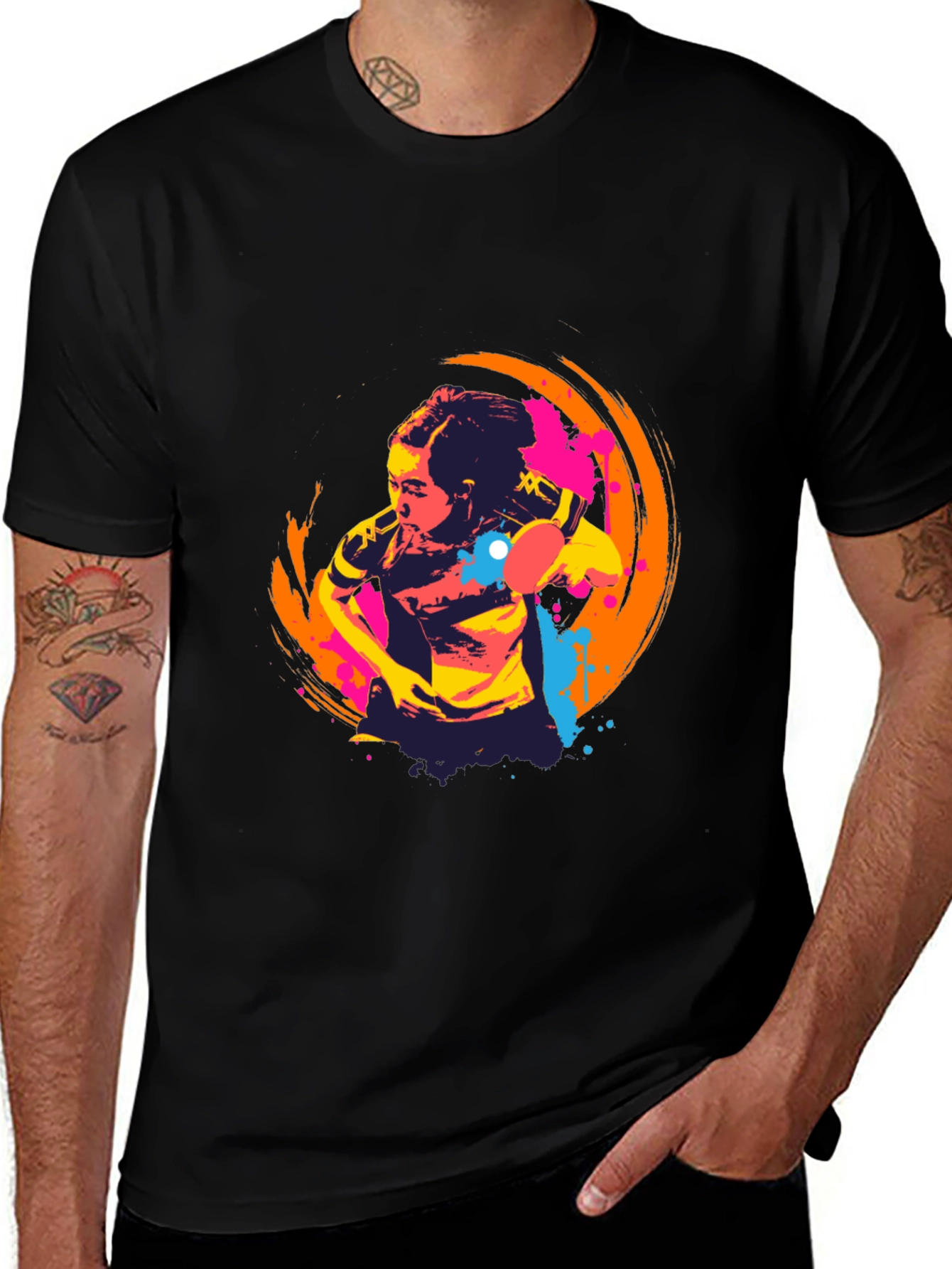 Abstract Table Tennis Graphic Tee - Black