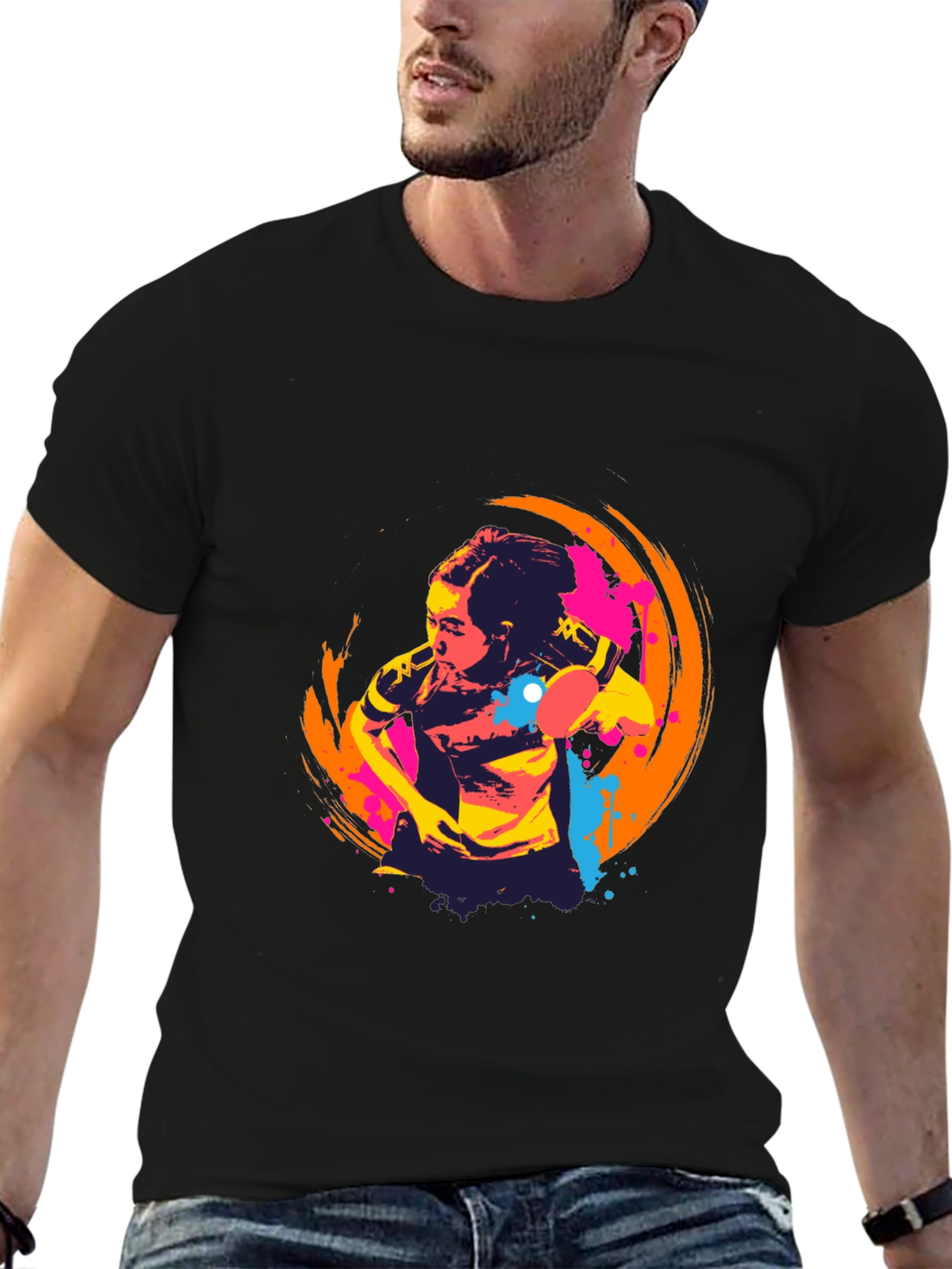 Abstract Table Tennis Graphic Tee - Black