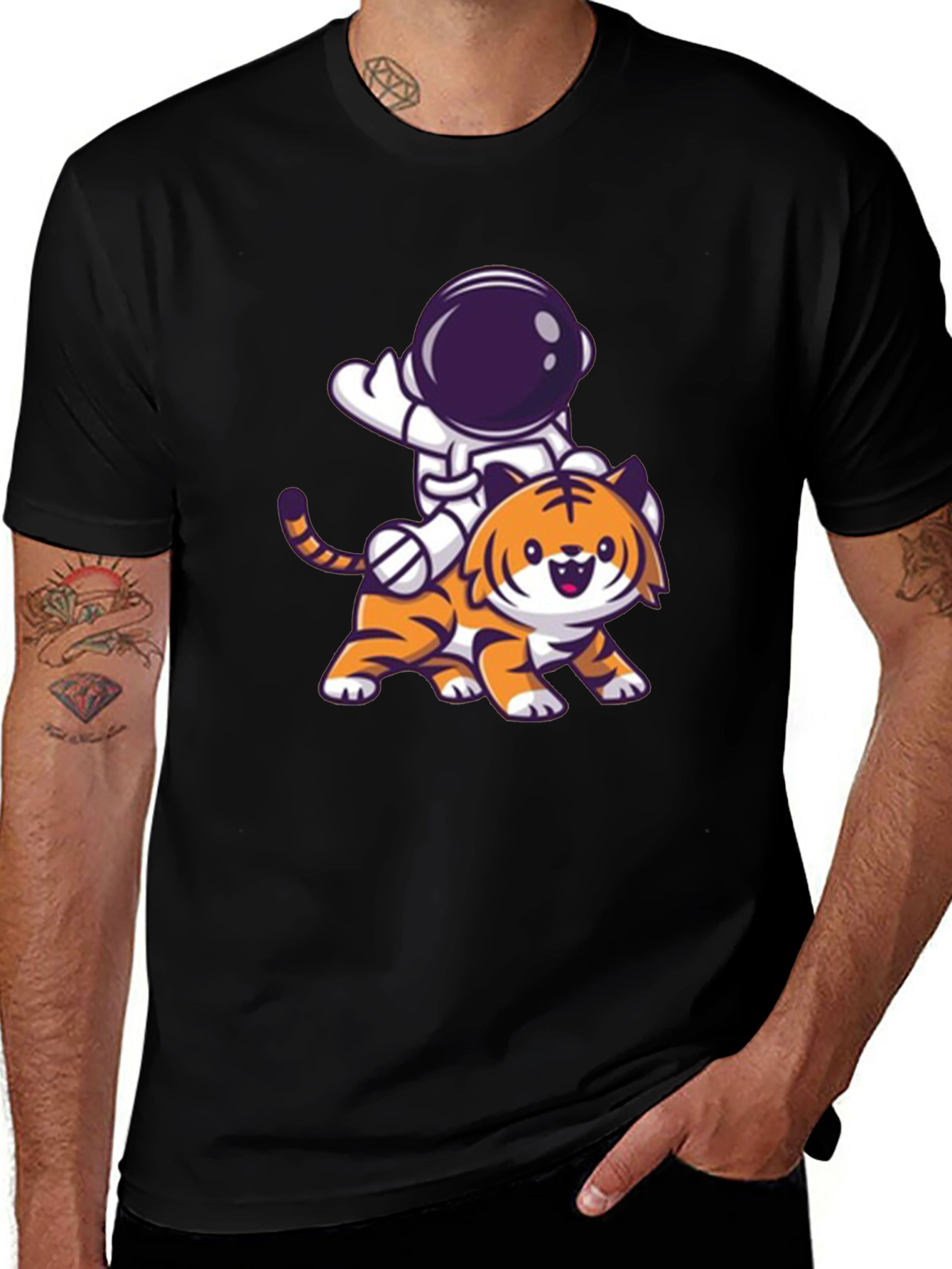 Astronaut Riding Tiger Graphic Tee - Black