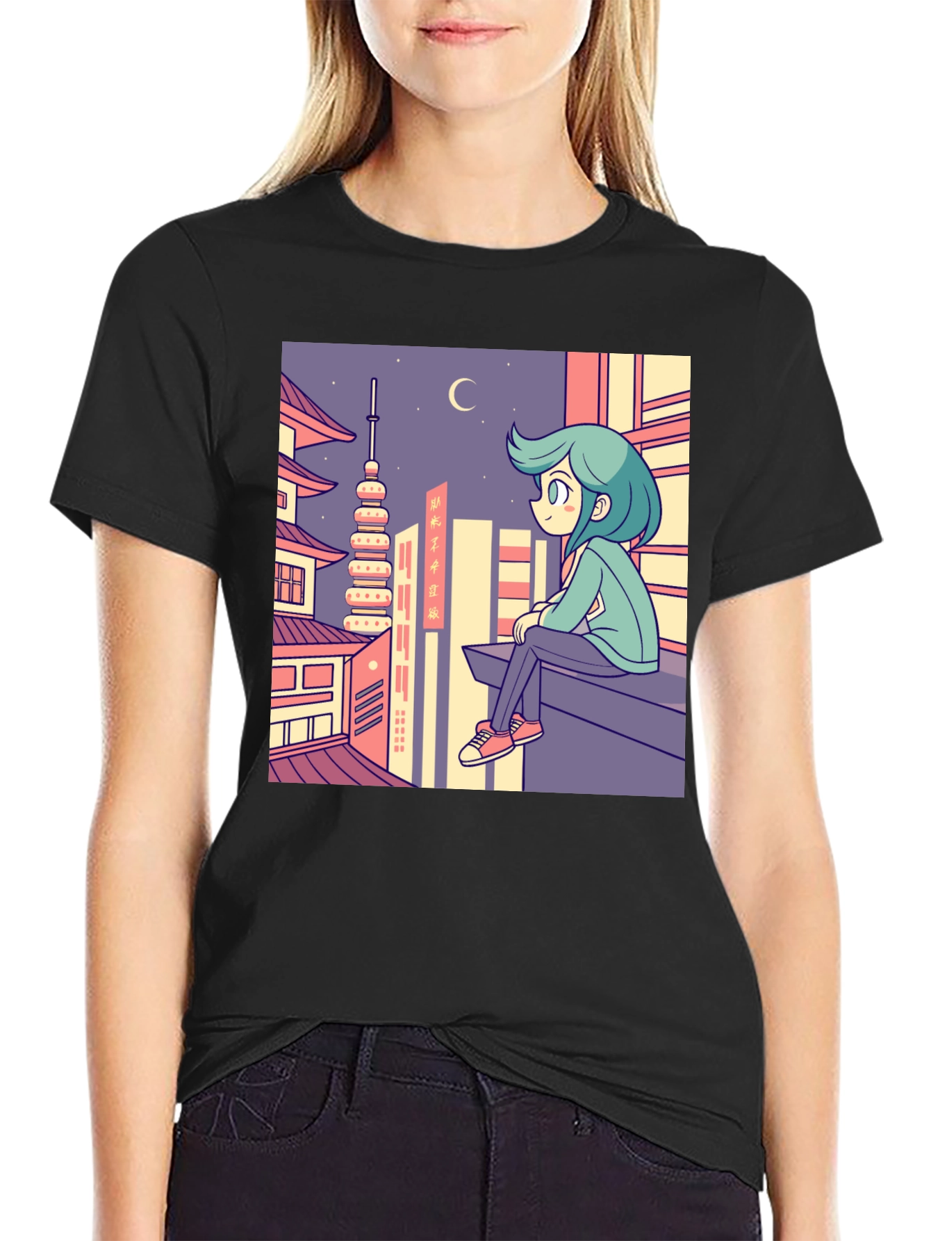 Anime Cityscape Graphic Tee - Relaxed Urban Style