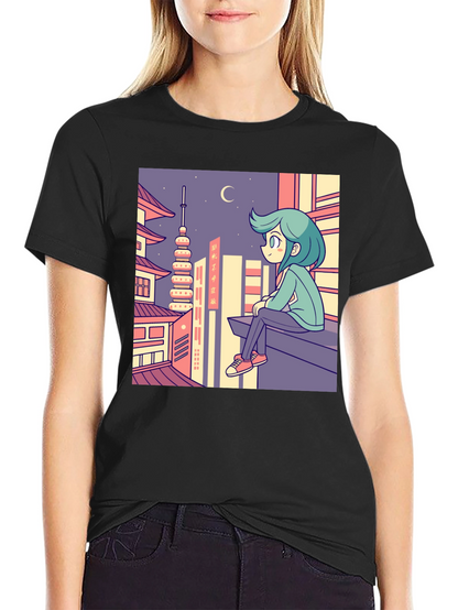 Anime Cityscape Graphic Tee - Relaxed Urban Style