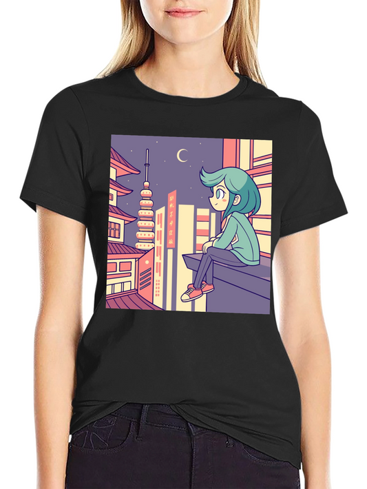 Anime Cityscape Graphic Tee - Relaxed Urban Style