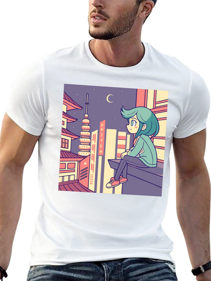 Anime Cityscape Graphic Tee - Relaxed Urban Style