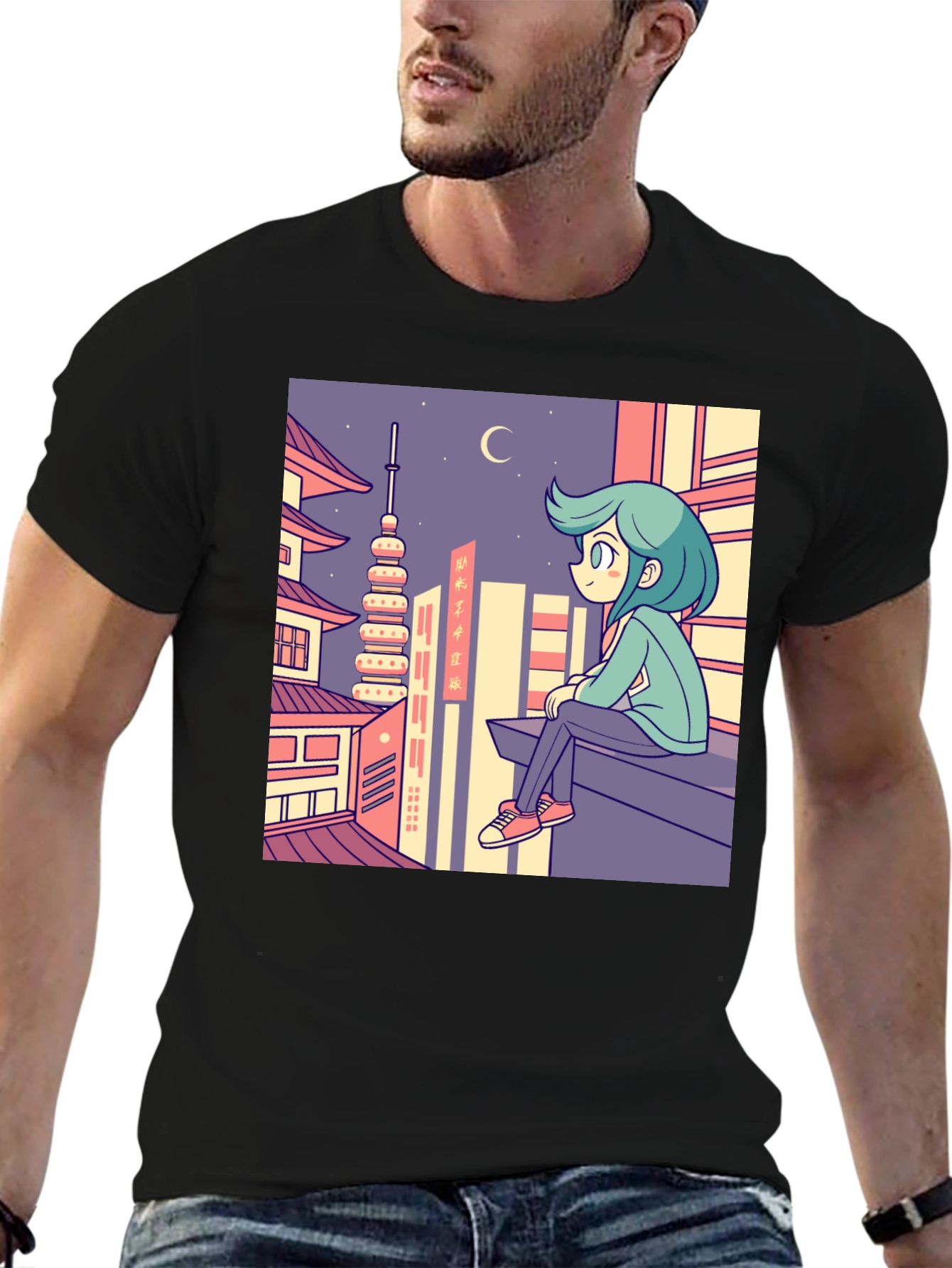 Anime Cityscape Graphic Tee - Relaxed Urban Style