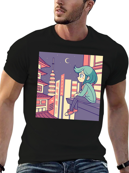 Anime Cityscape Graphic Tee - Relaxed Urban Style