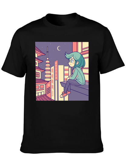 Anime Cityscape Graphic Tee - Relaxed Urban Style