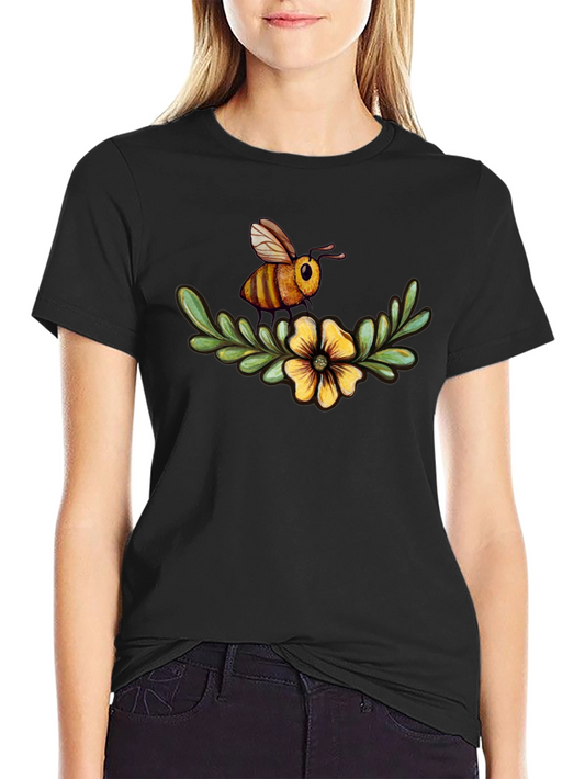 Bee & Flower Graphic Tee - Black Cotton Comfort