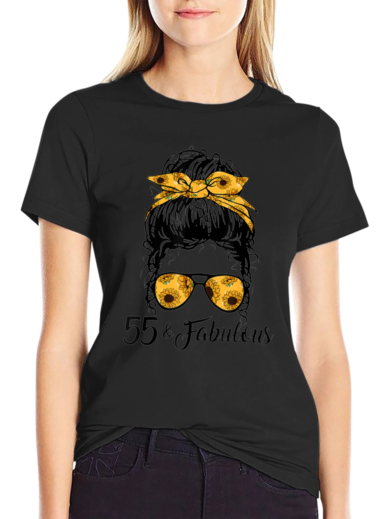 55 & Fabulous Sunflower Messy Bun T-Shirt