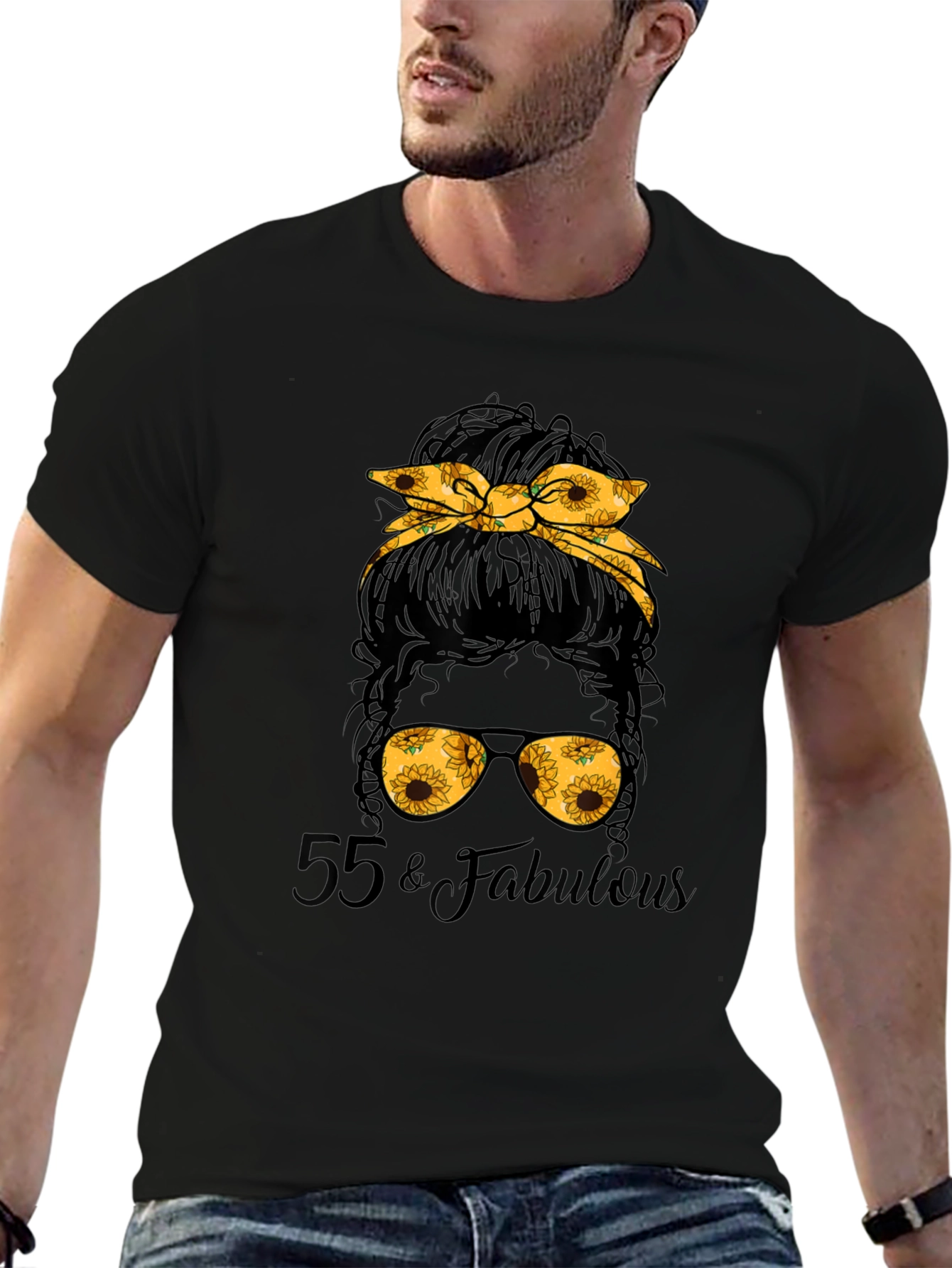 55 & Fabulous Sunflower Messy Bun T-Shirt