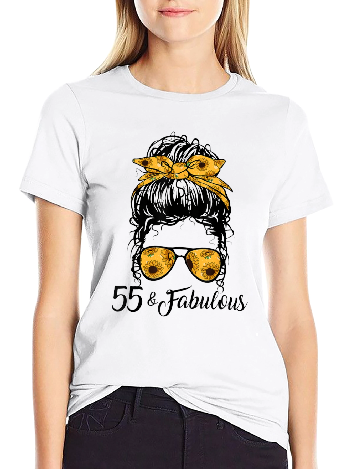 55 & Fabulous Sunflower Messy Bun T-Shirt