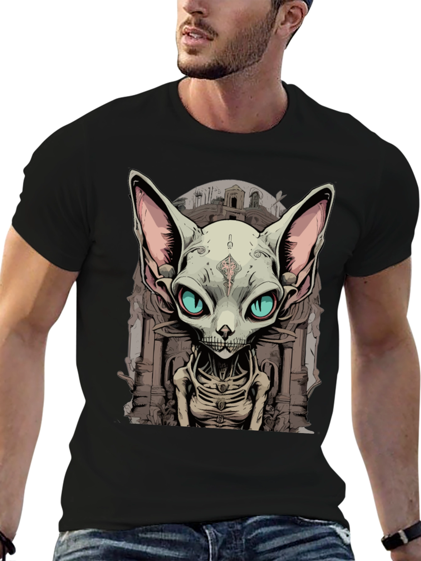 Sphynx Cat Skeleton Graphic Tee - Unique Design