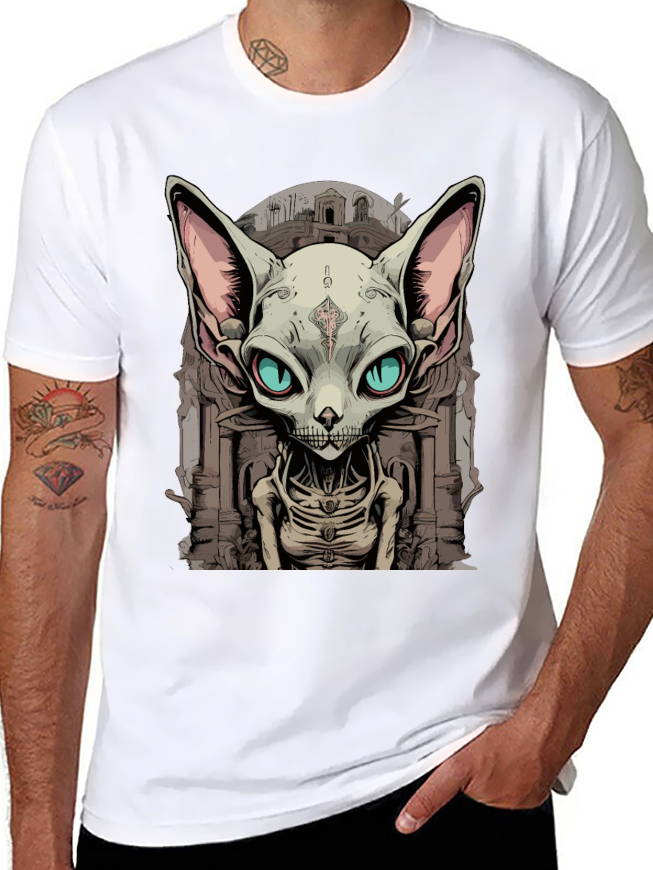 Sphynx Cat Skeleton Graphic Tee - Unique Design