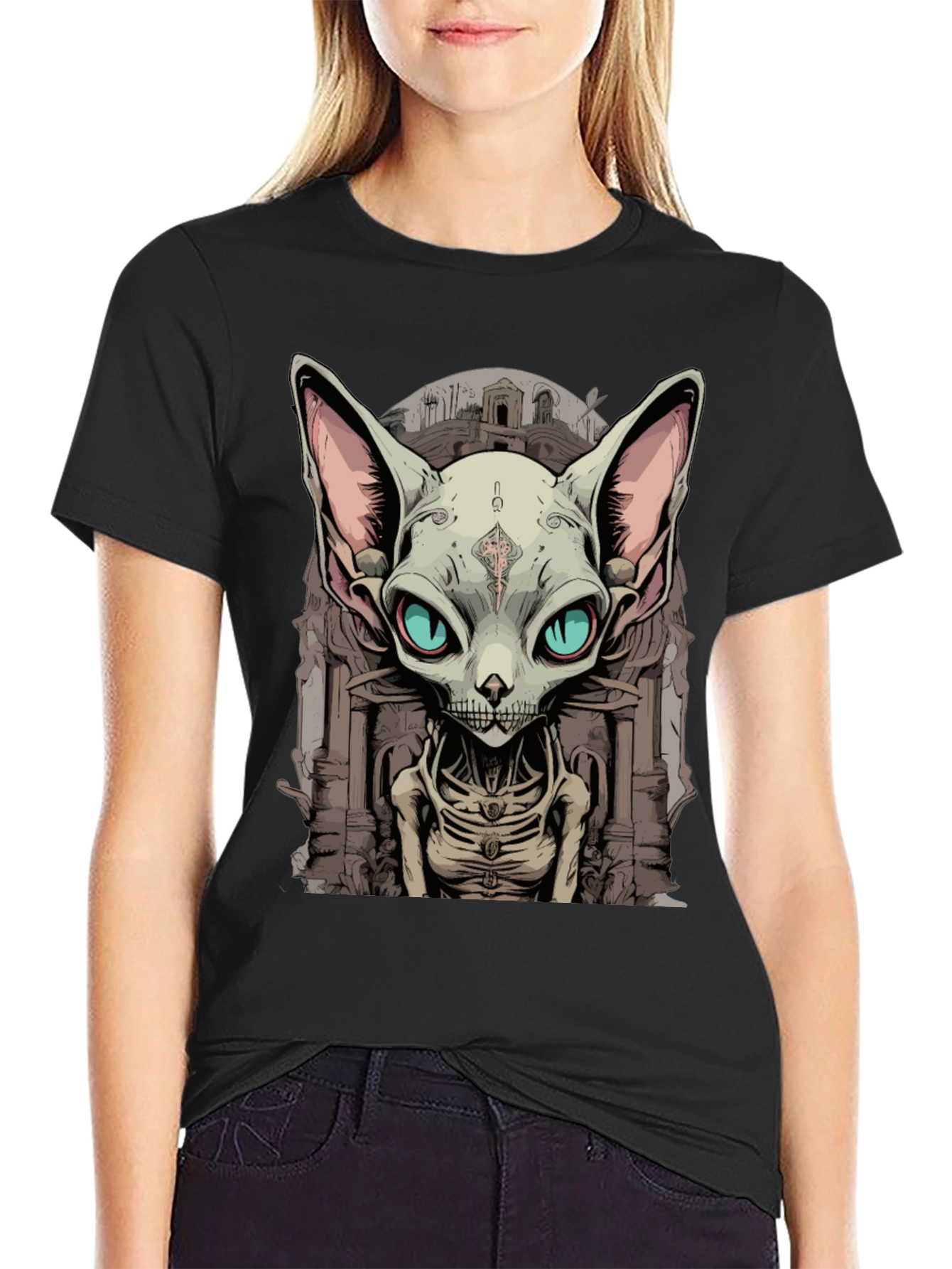 Sphynx Cat Skeleton Graphic Tee - Unique Design