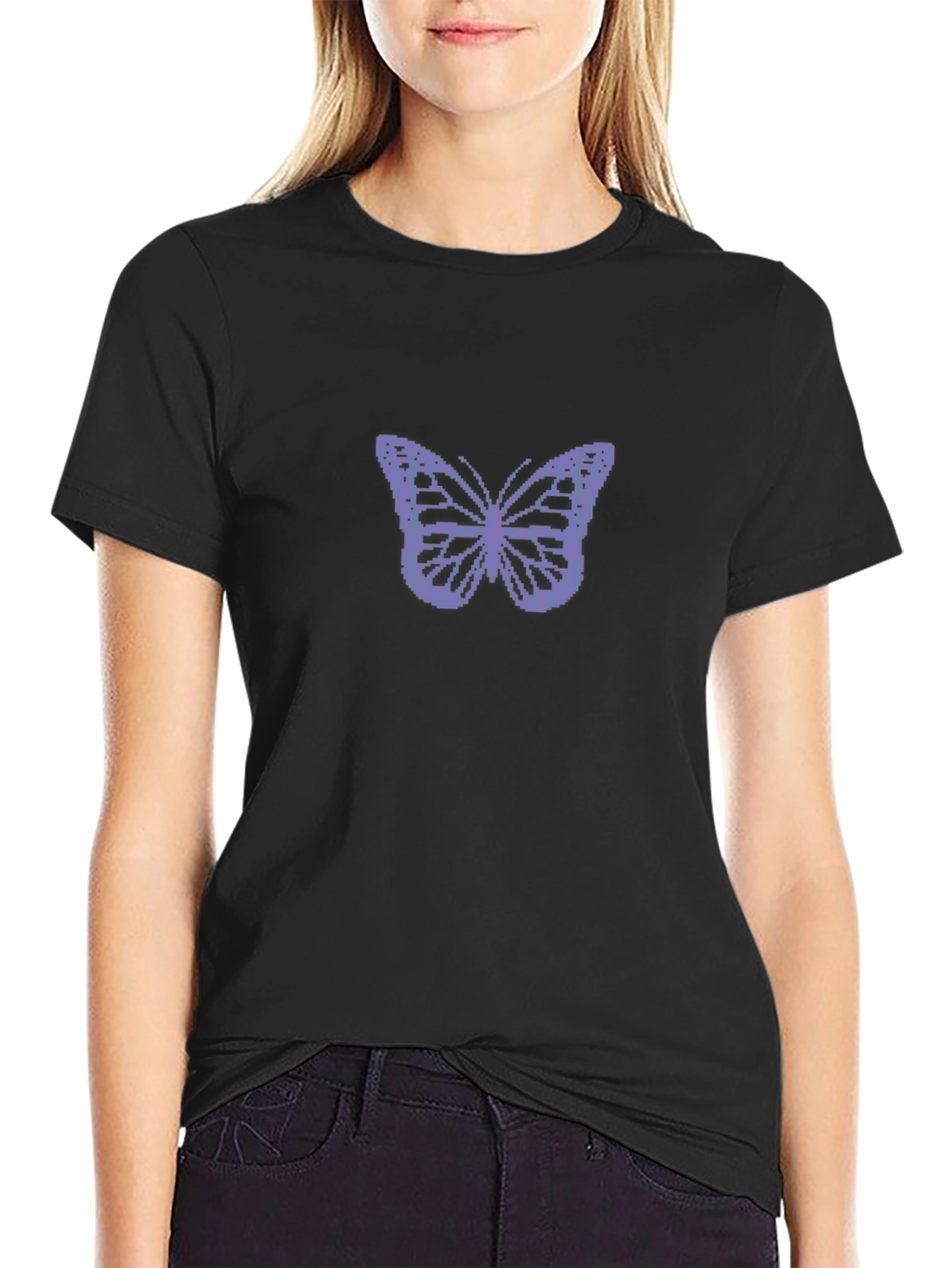 Black T-Shirt with Pixelated Butterfly Design