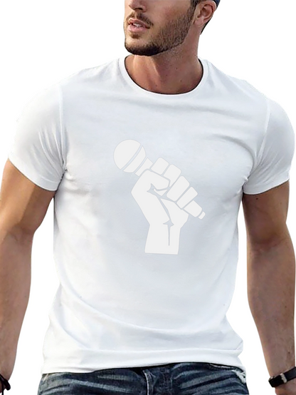Black T-Shirt with Fist Holding Microphone Graphic