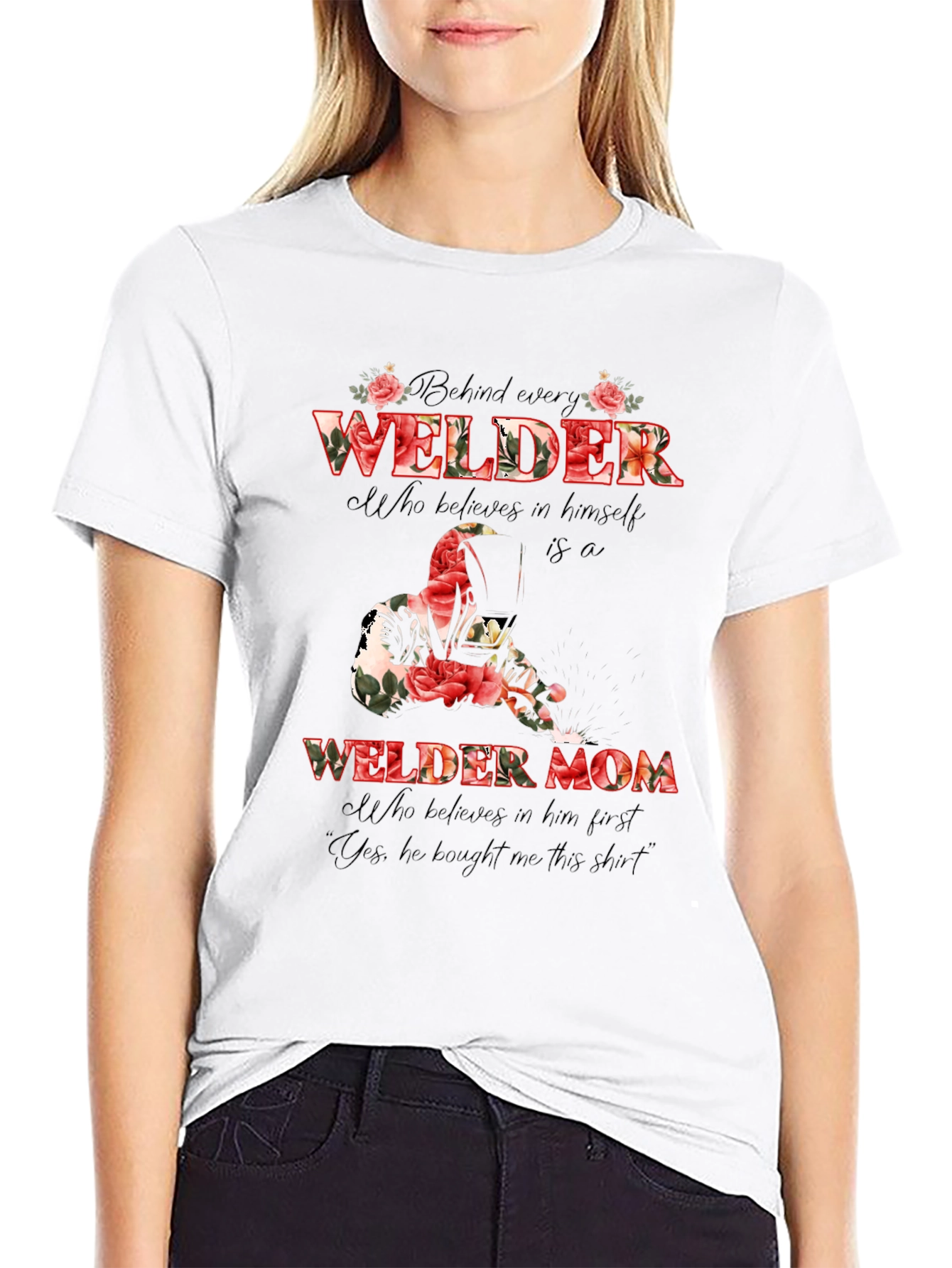 Welder Mom Floral Graphic T-Shirt - Black