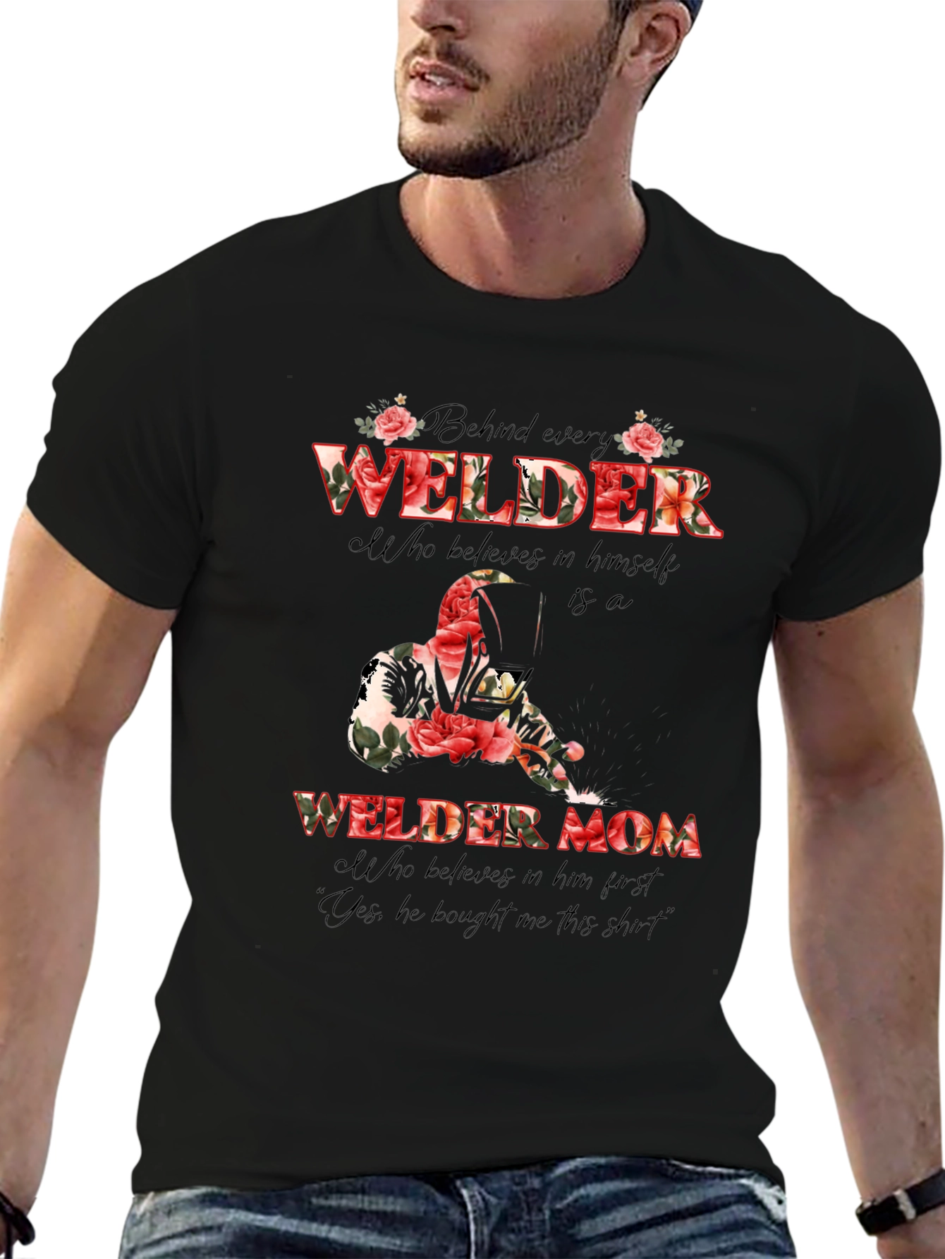 Welder Mom Floral Graphic T-Shirt - Black